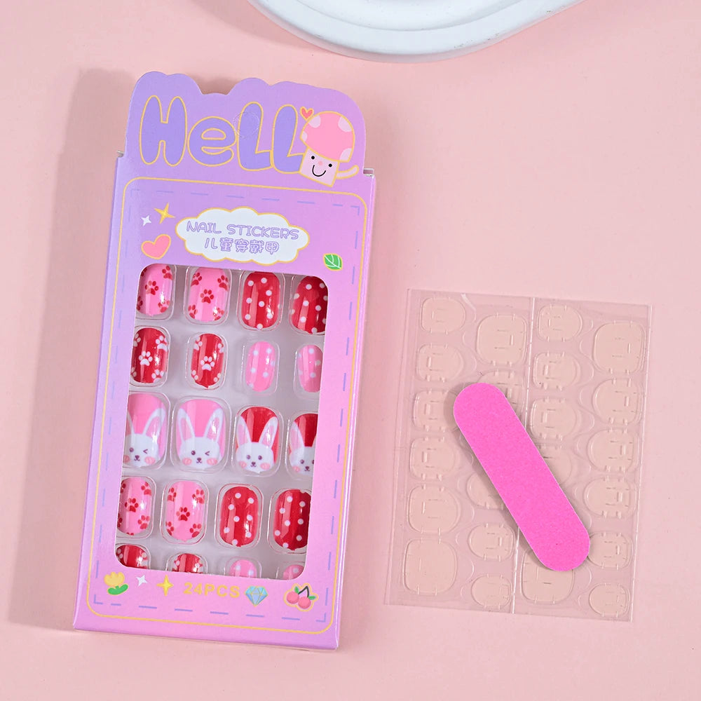 24Pcs Children Cartoon Nail Tips Colorful Cute Rabbit Pink Stars 6-14 Years old Girl Fake Nail With Jelly Glue Kids False Nail TC0023-2
