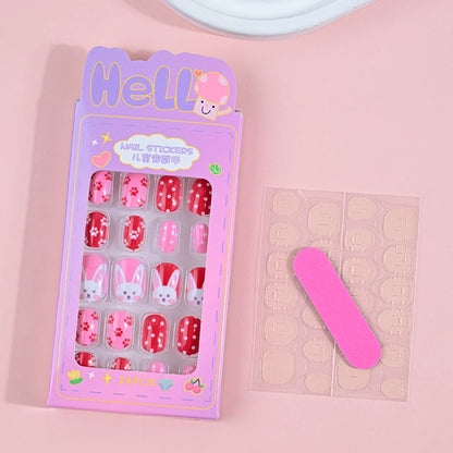 24Pcs Children Cartoon Nail Tips Colorful Cute Rabbit Pink Stars 6-14 Years old Girl Fake Nail With Jelly Glue Kids False Nail TC0023-2