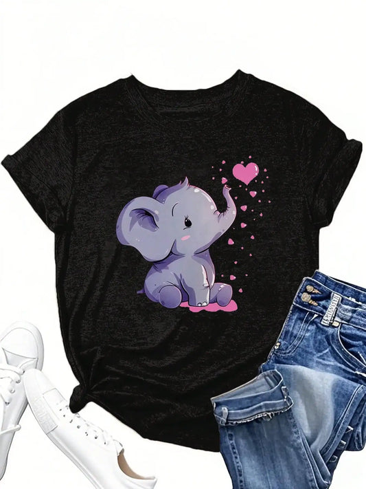 Plus Size Tops Women Clothes Cute Elephant Cartoon Pattern Short Sleeved T-shirt Graphic Tees Women Tops black