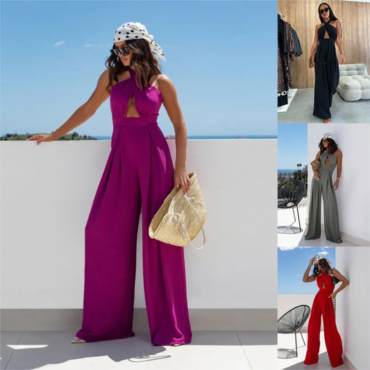 Sexy Solid Sleeveless Jumpsuit Spring Summer Fashion Commuter Women's Elegant Lapel Halter Neck Folds Wide Leg Trousers Jumpsuit Badiee Stylez
