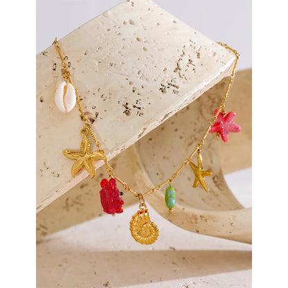 Yhpup Ocean Style Summer Fashion Jewelry Crab Starfish Shell Pendant Necklace Stainless Steel Golden Charm Pendant Accessories