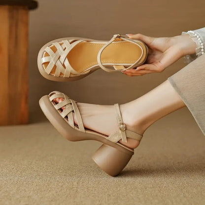 БосоножкиженскиеFashion Retro Women Shoes Summer New Round Heels Thick Soled Anti Slip Roman Sandals Simple Women Heels Sandals Badiee Stylez