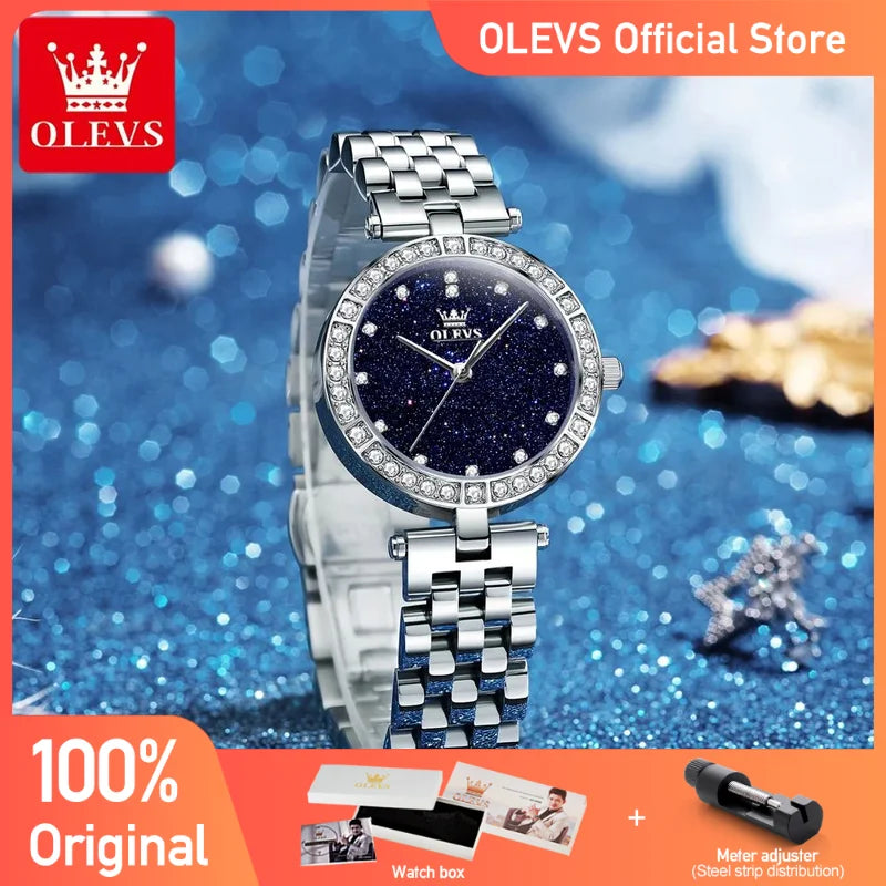 OLEVS 3641 Womens Watch Original Elegant Quartz Watch Waterproof Luminous Stainless Steel Starry Dial Ladies Watch With Box Gift
