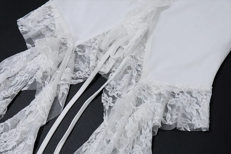 Hollow Out Lace Crop Top Women Sexy Off Shoulder Bodycon Bandage Slim Tank Tops Ladies 2024 Folds Lace-up T-shirts Femme