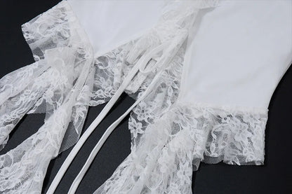 Hollow Out Lace Crop Top Women Sexy Off Shoulder Bodycon Bandage Slim Tank Tops Ladies 2024 Folds Lace-up T-shirts Femme