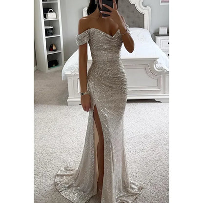 Womens Dresses New Party Sequin One Line Neckline Slit Dress Casual Fashion Dress for Women Silver