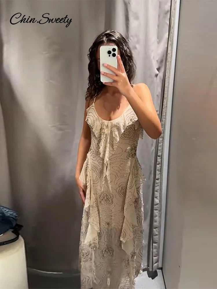 Sexy Beading Ruffle Long Dress Women Embroidery Slip Sleeveless Backless Party Evening Dresses 2025 Summer Lady Shiny Slim Gowns