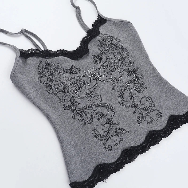 Goth Sexy Lace Corset Crop Tops Camis Y2K Harajuku Aesthetic Black Red Cross Basic Tank Top Summer Women Grunge Emo Streetwear