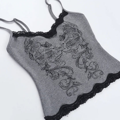 Goth Sexy Lace Corset Crop Tops Camis Y2K Harajuku Aesthetic Black Red Cross Basic Tank Top Summer Women Grunge Emo Streetwear