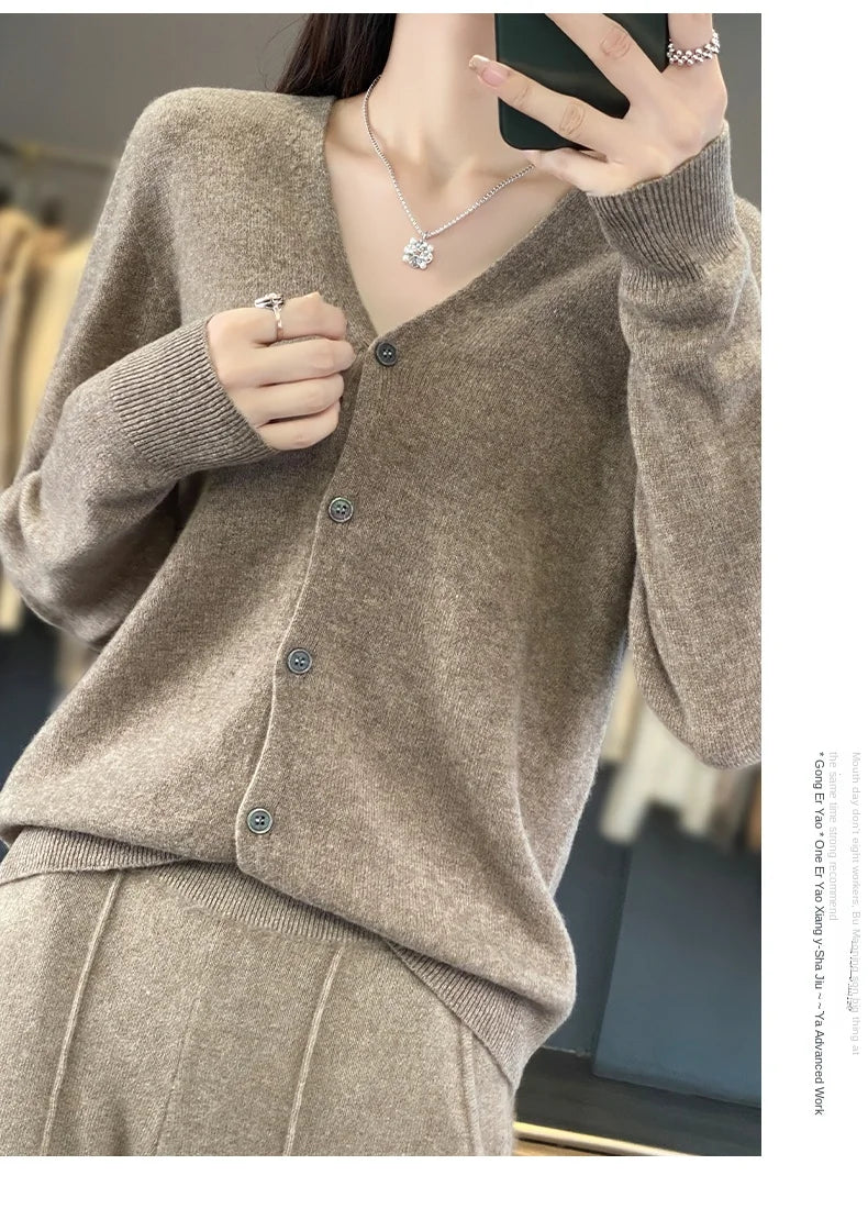 100 Merino Wool Knitted V-neck Sweater Women's Top Loose Korean Version Fashionable Versatile Autumn And Winter Cashmere Sweater