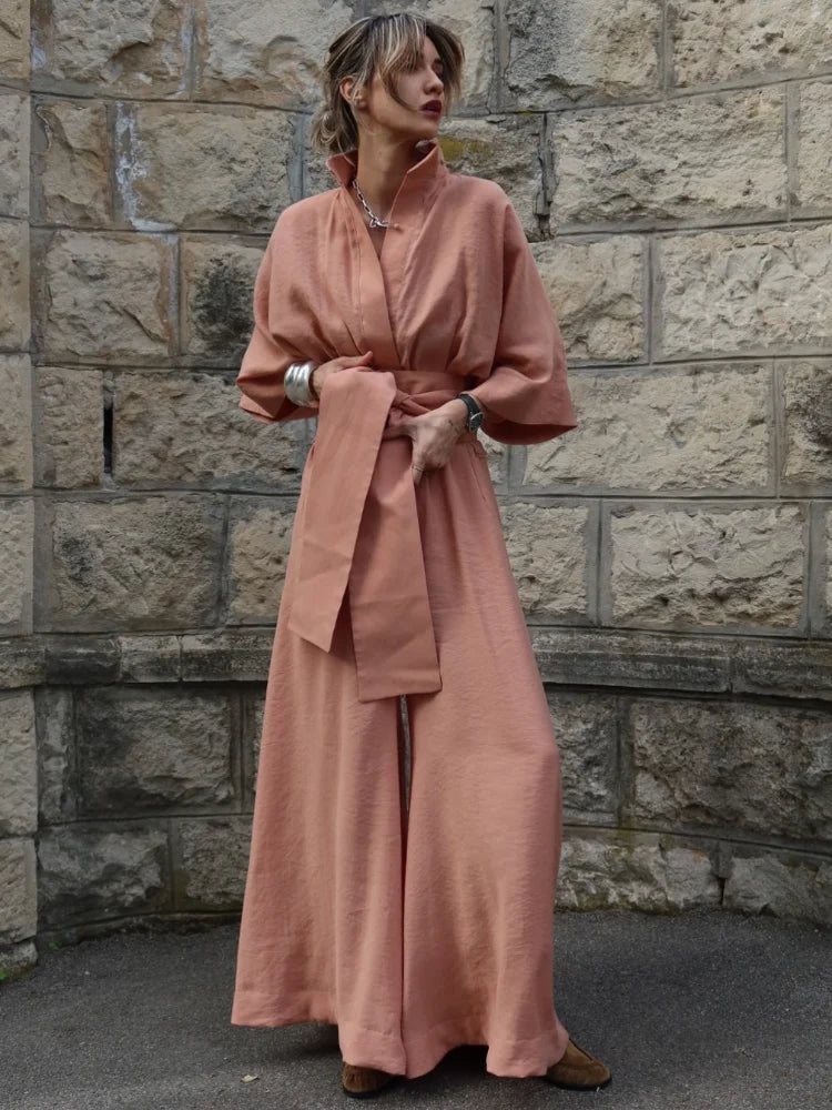 Linen Lace Up Women's Jumpsuit High V-neck Full Sleeve Top Loose Straight-leg Pants 2025 Summer Chic Female Casual Streetwear