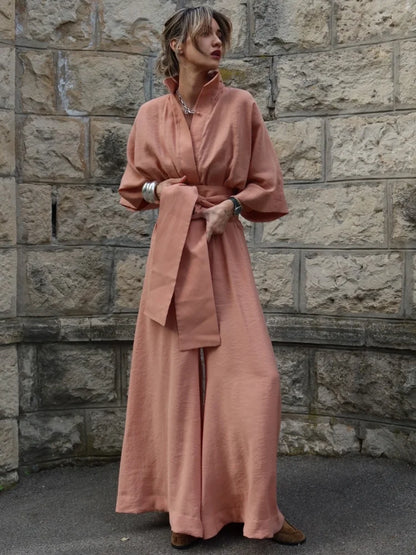 Linen Lace Up Women's Jumpsuit High V-neck Full Sleeve Top Loose Straight-leg Pants 2025 Summer Chic Female Casual Streetwear