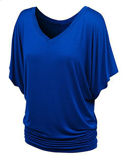 Women V Neck Short Sleeve Pleated Loose T-shirts Summer Lady Batwing Sleeve Oversized S-5XL Tee Shirt Tops OUYMFZ-A1375