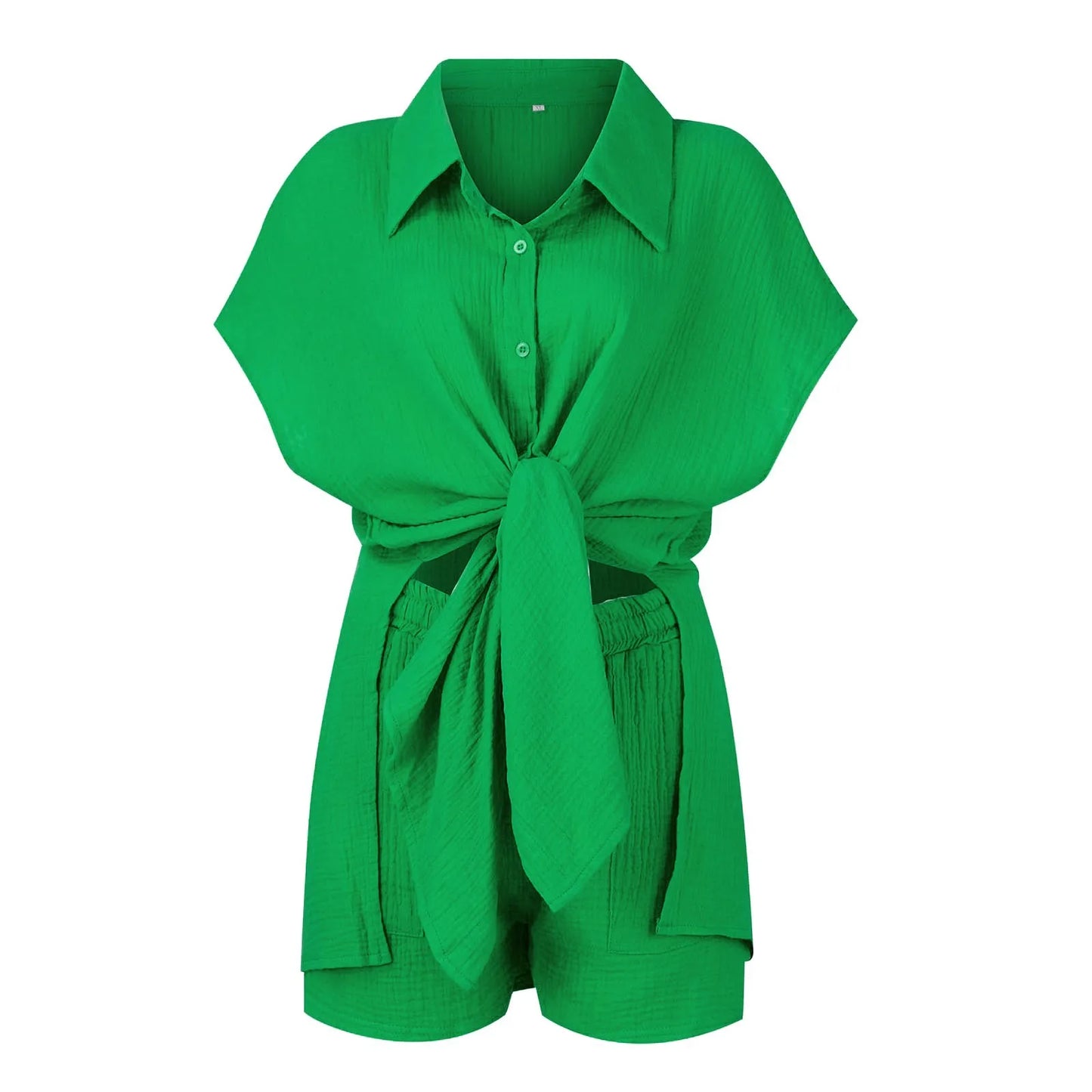 Summer cotton and linen solid color shirt short sleeved casual shorts set green