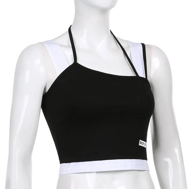 Women Hollow Out Black Y2K Tees Sleeveless Skinny Tops Cool Punk T-shirts Techwear 2023 Spring Summer New Sexy Crop Top