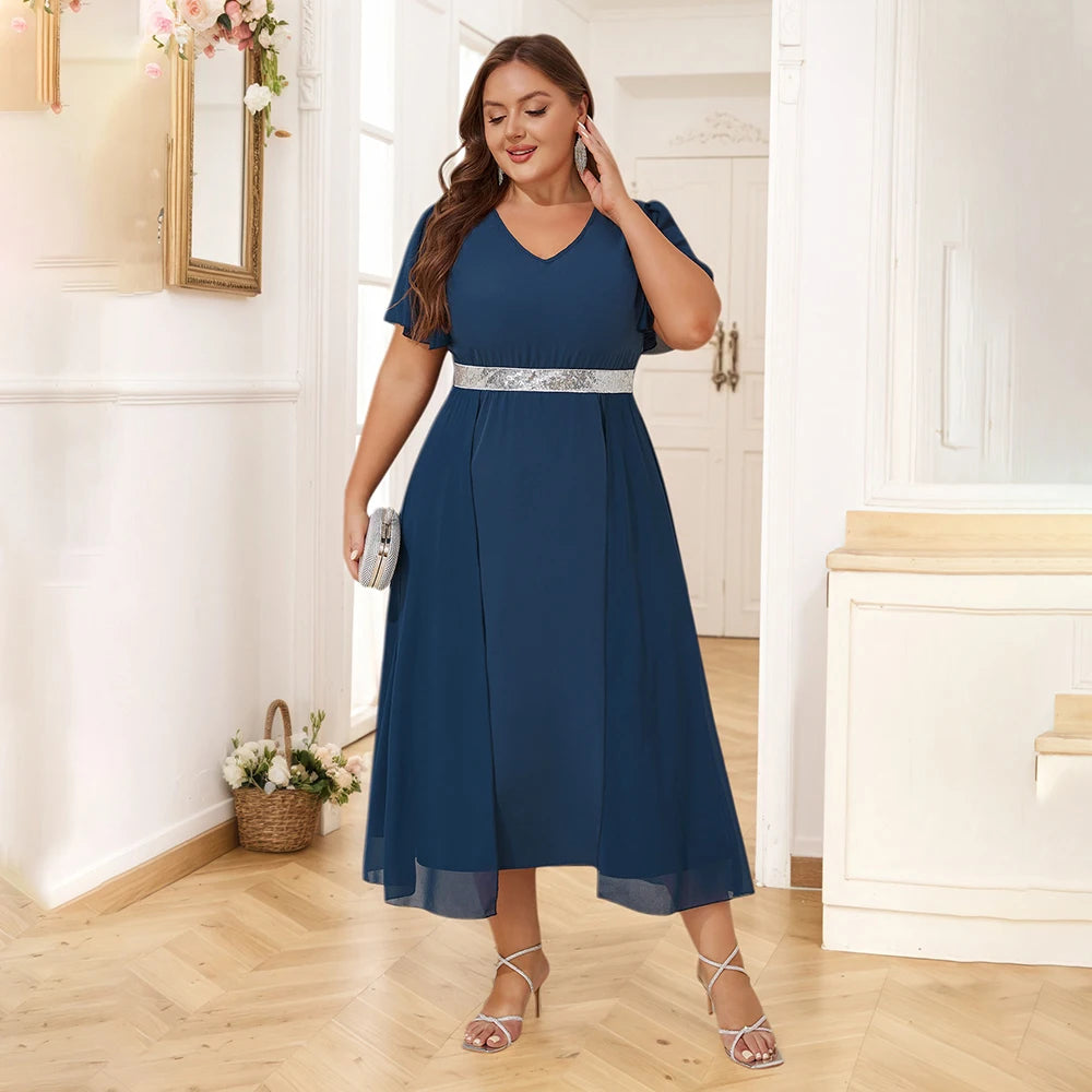 Plus Size Womens Elegant Butterfly Sleeve Sequin V-Neck Midi Dress Ladies Party Cocktail Evening Banquet Ball Gown Size 0XL-5XL Deep Blue