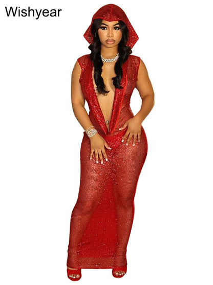 New Luxury Birthday Red Hooded Dress for Women Sexy Deep V Neck Sequins Glitter Mesh See Through Back Open Sparkly Evening Robe red dress