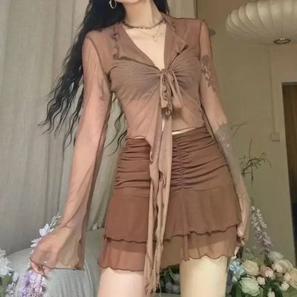 Long Flare Sleeve Sexy Sweet Hot Girls Korean Blouses for Women Lace-up Mesh Fashion Style All-match Solid Design Elegant Casual