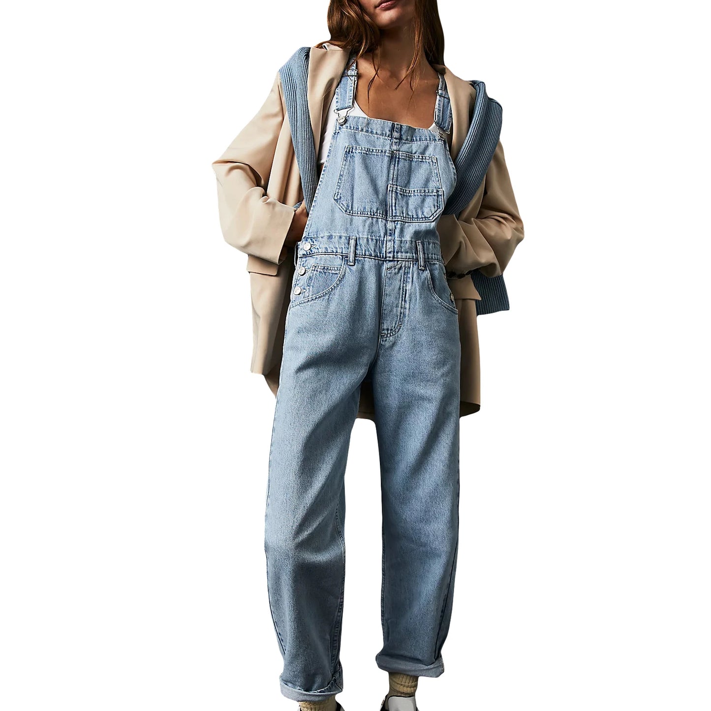 Casual Women Summer Vintage Retro Denim Long Jumpsuit Spaghetti Strap Straight Romper Pants Baggy Bib Overalls Jumpsuits Light Blue