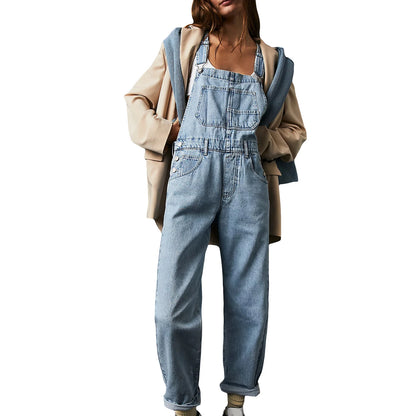 Casual Women Summer Vintage Retro Denim Long Jumpsuit Spaghetti Strap Straight Romper Pants Baggy Bib Overalls Jumpsuits Light Blue