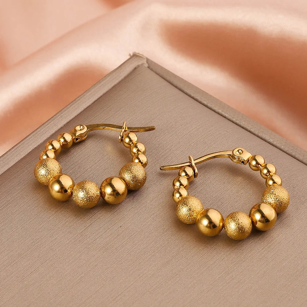 Stainless Steel Women's Hoop Earrings, Non Fading Fashionable Gold Color Metal Bead Earrings, Classic Jewelry Accessories