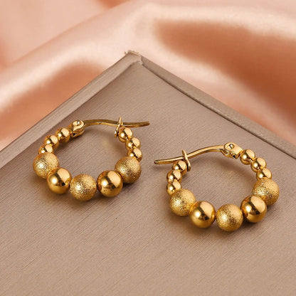 Stainless Steel Women's Hoop Earrings, Non Fading Fashionable Gold Color Metal Bead Earrings, Classic Jewelry Accessories