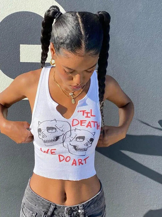 Square Collar Trendy Letter Print With Pin Buckles Tank Tops Women Skull Printed Casual Stretchy Sleeveless Crop Top