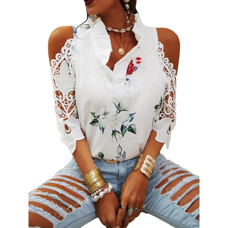 Summer Female Strapless Tops Casual Sexy Hollow Flower Printed Women Blouse Elegant V-Neck Short Sleeve Lace Shirt Blusas 19361