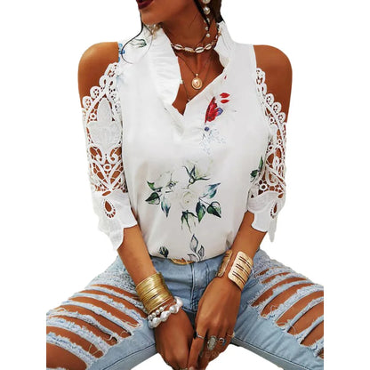 Summer Female Strapless Tops Casual Sexy Hollow Flower Printed Women Blouse Elegant V-Neck Short Sleeve Lace Shirt Blusas 19361