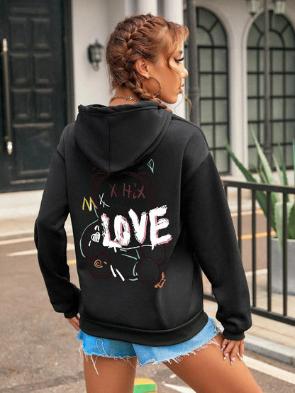 Graffiti Line Bear Simple Print Female Hoody Harajuku S-Xxl Sweatshirt Fashion Casual Street Hooded Autumn Warm Streetwear Women Black