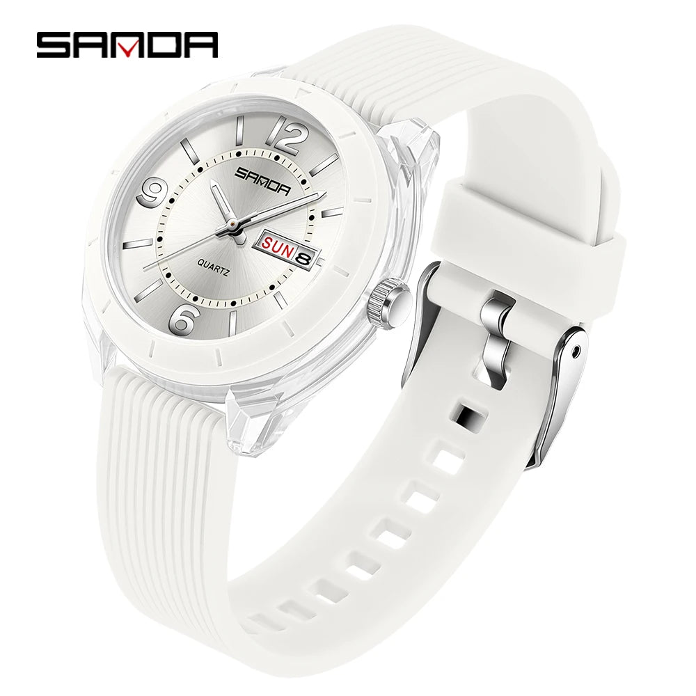 SANDA Quartz Watch for Women Waterproof Auto Date Week Elegant Luxury Ladies Wristwatch Waterproof Analog Women's Watches WHITE