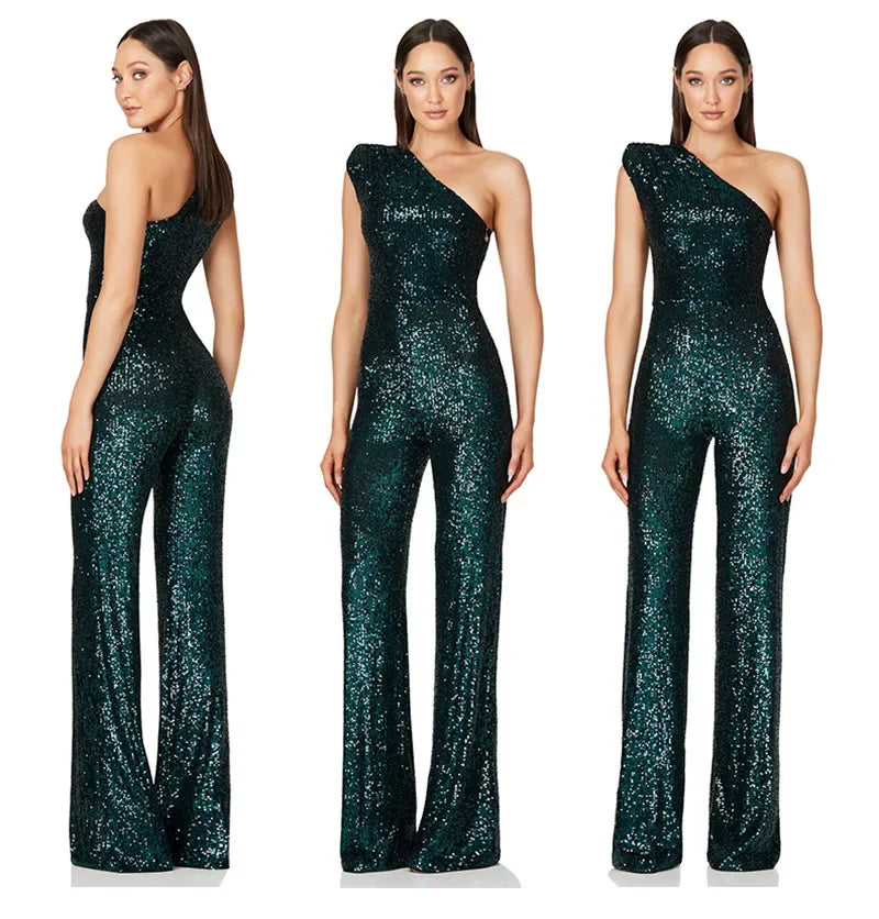 Women Elegant Long Jumpsuits Sexy Glitter Sequin Club Ladies Playsuits Slanted Collar Party Fashion Backless Solid Romper 2024 Badiee Stylez