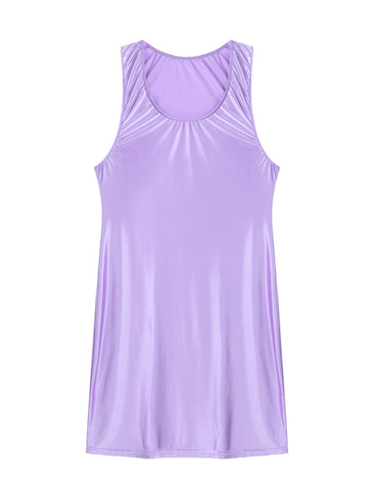 Women's Oil Glossy Stretch Tank Mini Dress Solid Color Sleeveless Tights Bodycon Short Dress Stretch U Neck Party Sundress