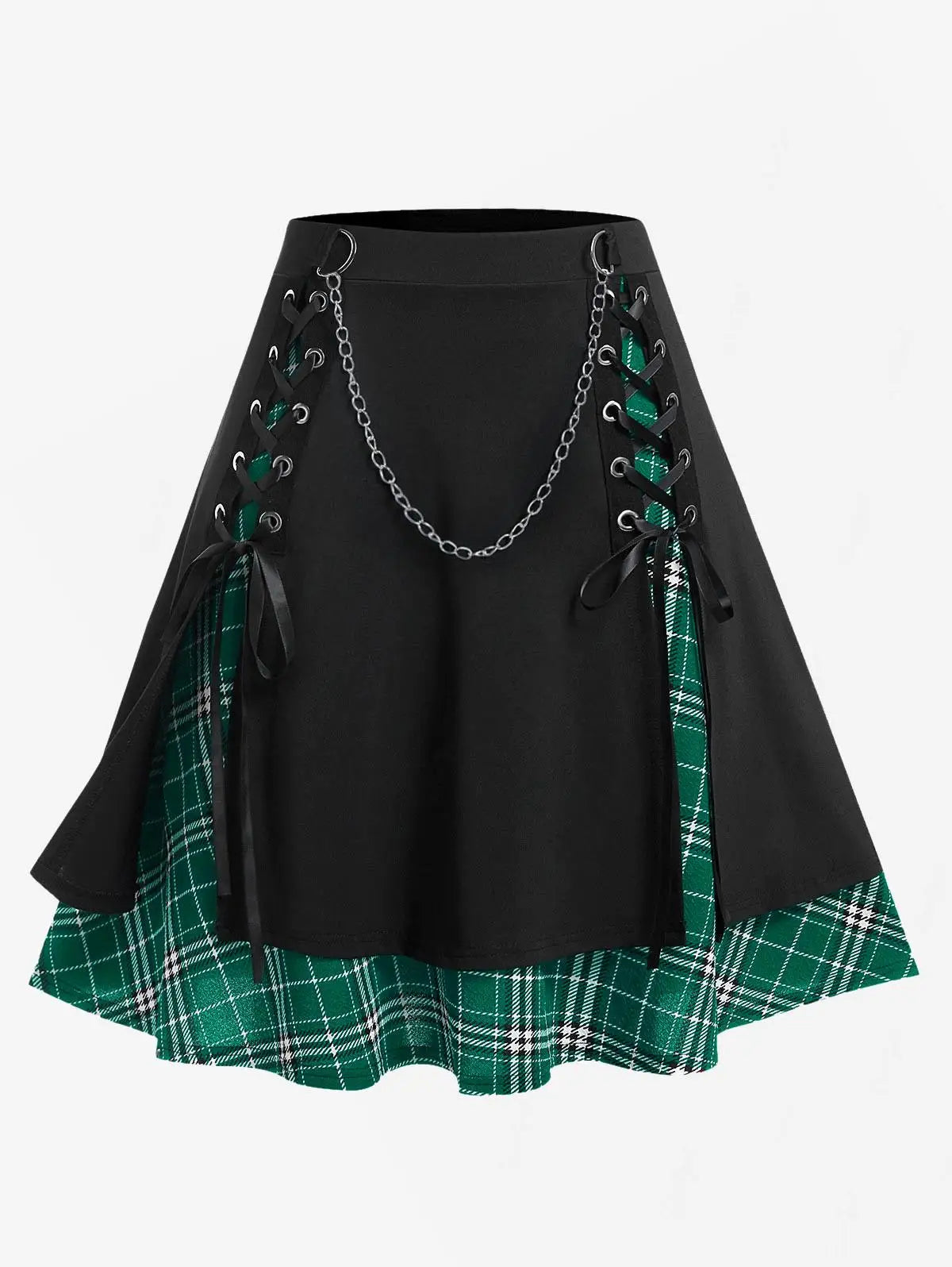 ROSEGAL Plus Size Women's Gothic Skirt Casual Plain Chain Detail High Waisted Stitching Plaid Pleated Layered Lace Up Skirts 5XL Deep Green