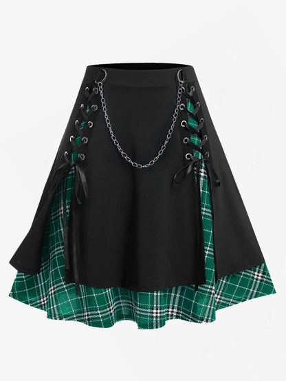 ROSEGAL Plus Size Women's Gothic Skirt Casual Plain Chain Detail High Waisted Stitching Plaid Pleated Layered Lace Up Skirts 5XL Deep Green