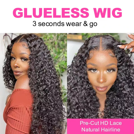 Water Wave Glueless Wig Pre-Cut Lace Wig 180% Pre-Plucked Natural Wave Wear Go Glueless Curly Human Hair Wigs For Women Badiee Stylez