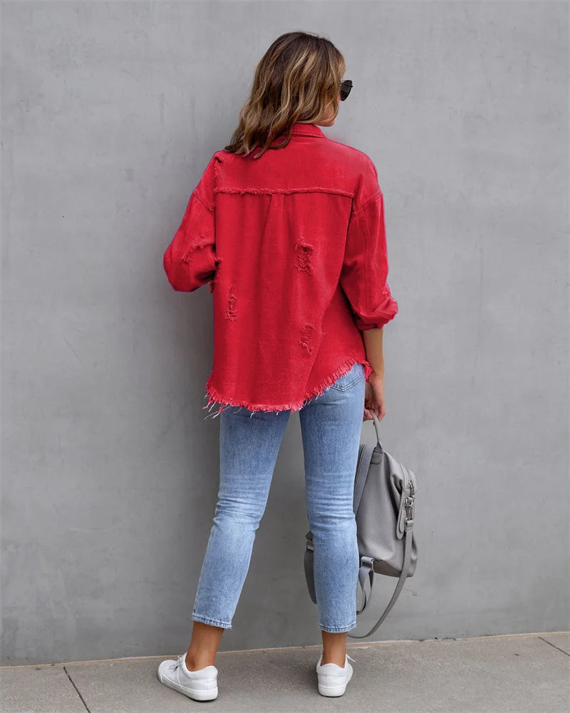 2025 Spring Autumn Shirt Style Denim Jacket Women Holes Raw-edges Jeancoat Casual Tops Female Oversize Loose Outerwear 7 Colors