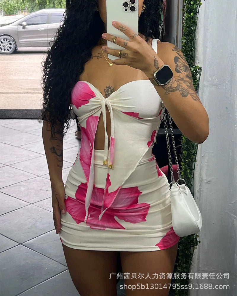2 Piece Set Women's Floral Print Split Strapless Sleeveless Top & Mini Shorts Pants Set Summer Sexy Rose Red