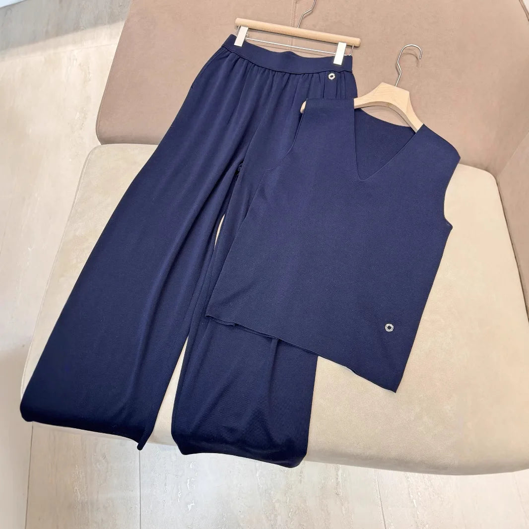 2025 Spring/Summer New Silk Cotton Blended V-neck Fashion Vest Top Casual All-match Straight Wide-leg Pants suit Badiee Stylez
