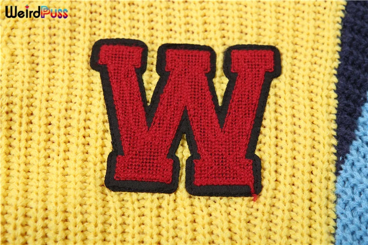 Weird Puss Y2K Cardigan Sweater Women Letter Print Casual Wild V-Neck Button Colorful Patchwork Street Trend Hipster Knit Coat