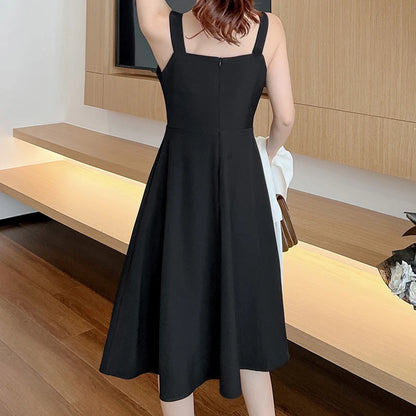 Elegant Black Midi Strapless Dress French Style Birthday Party Slimming Fit Pure Desire Design  Polyester Fiber