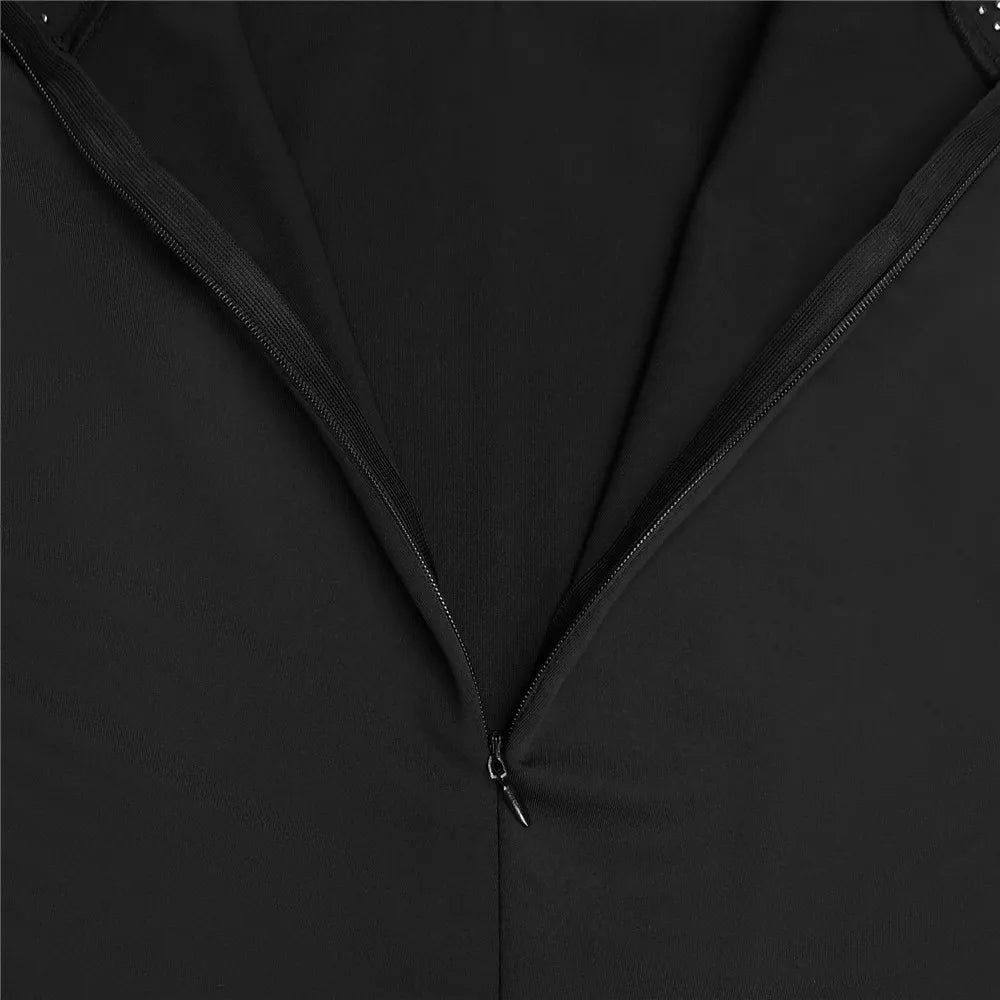 RLMABABY Elegant Splice Ruched Women Black Gown Long Bodycon Dress Pearl Stand Collar Sleeveless Club Party Sheath Maxi Dress