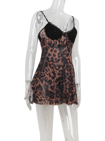 Ahagaga Sexy Leopard Women's Mini Dresses Camisole Sleeveless V-Neck Slim Fit Lace Bows Blackless Streetwear Bodycon Vestidos