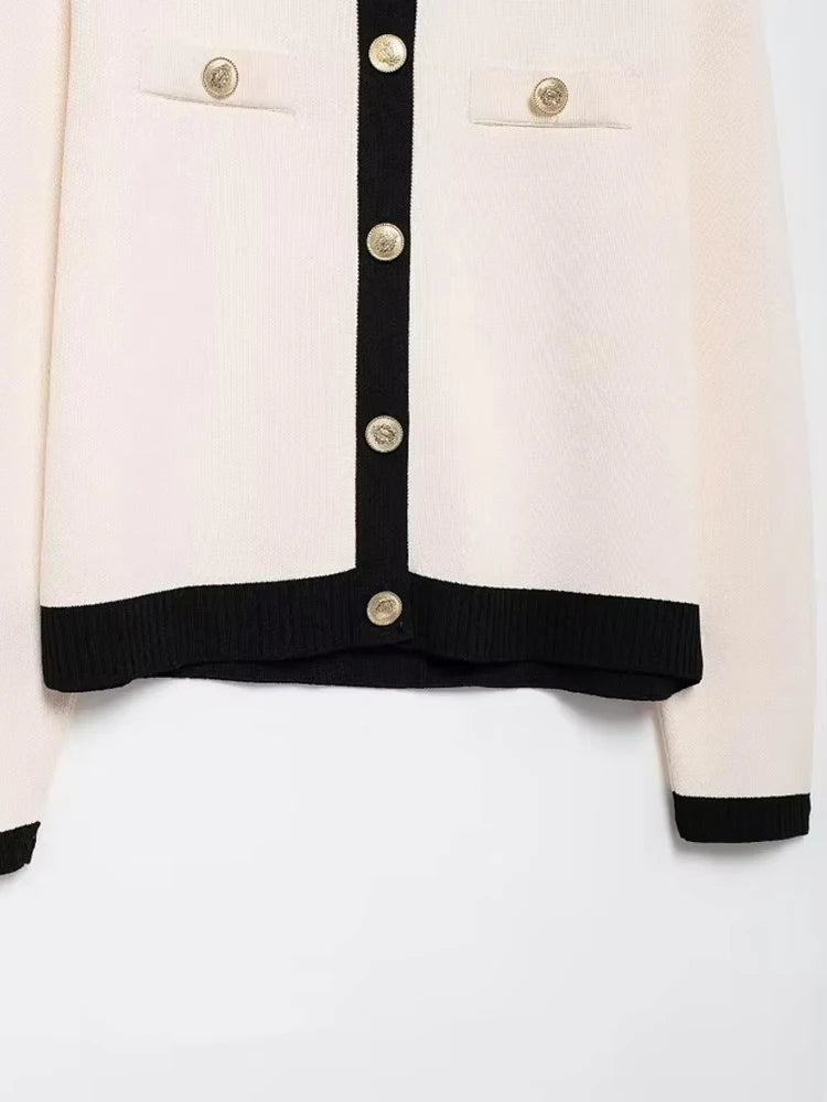 TRZA-Women's Knitted Cardigan Sweater with Golden Buttons, O-Neck, Long Sleeve, Female Outerwear, Chic Tops, Fashion