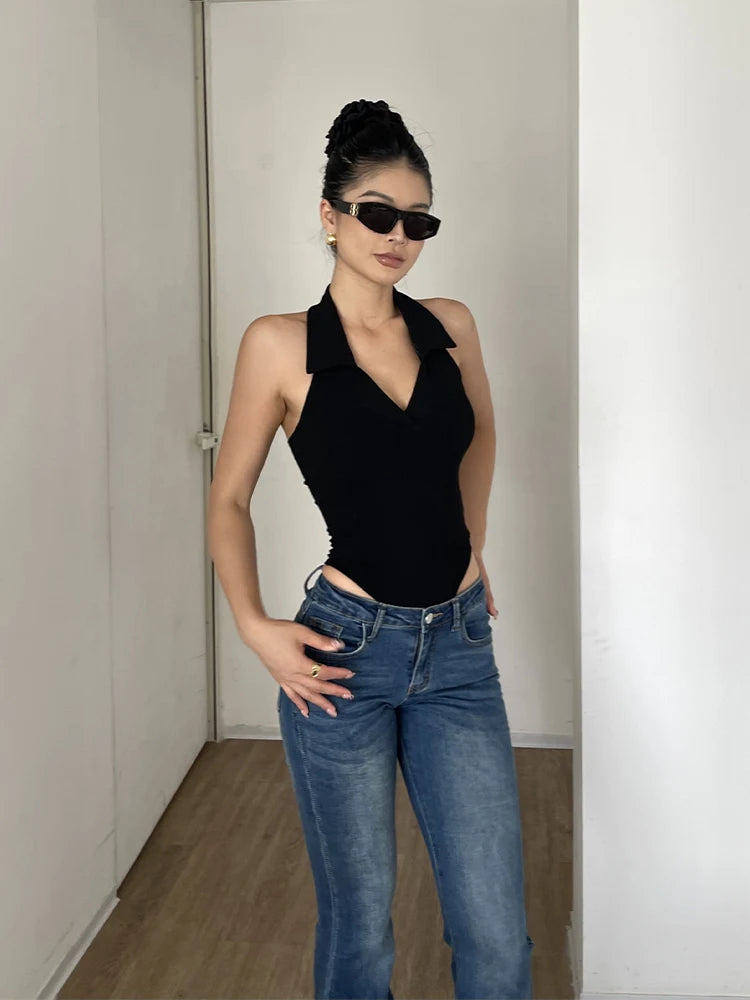 American Style Spicy Girl Sleeveless Polo Neck Solid Bodysuits Women's 2024 Summer New Sexy Backless High Waisted Slim Top Q29N