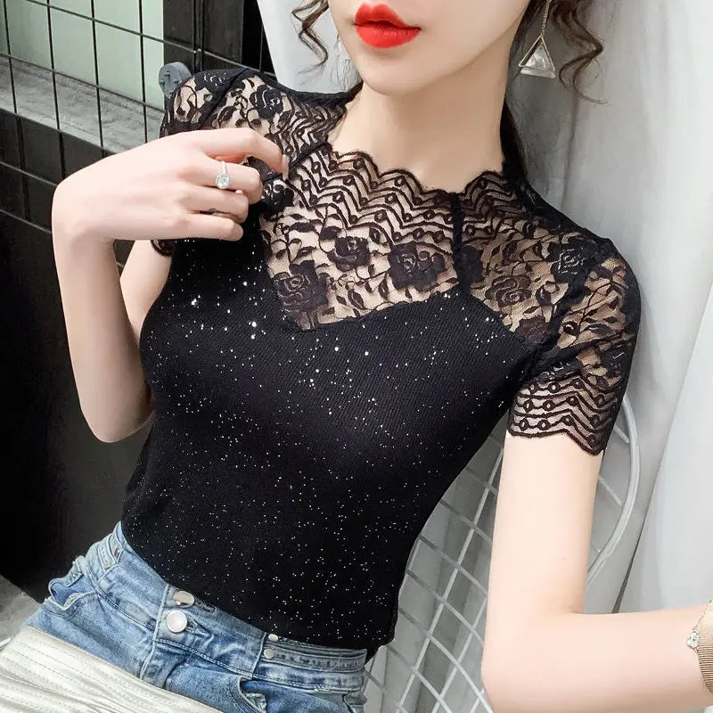 Summer Women Tops Patchwork Bright silk Mesh T shirt Pathcwork Short Sleeve Lace Shirt