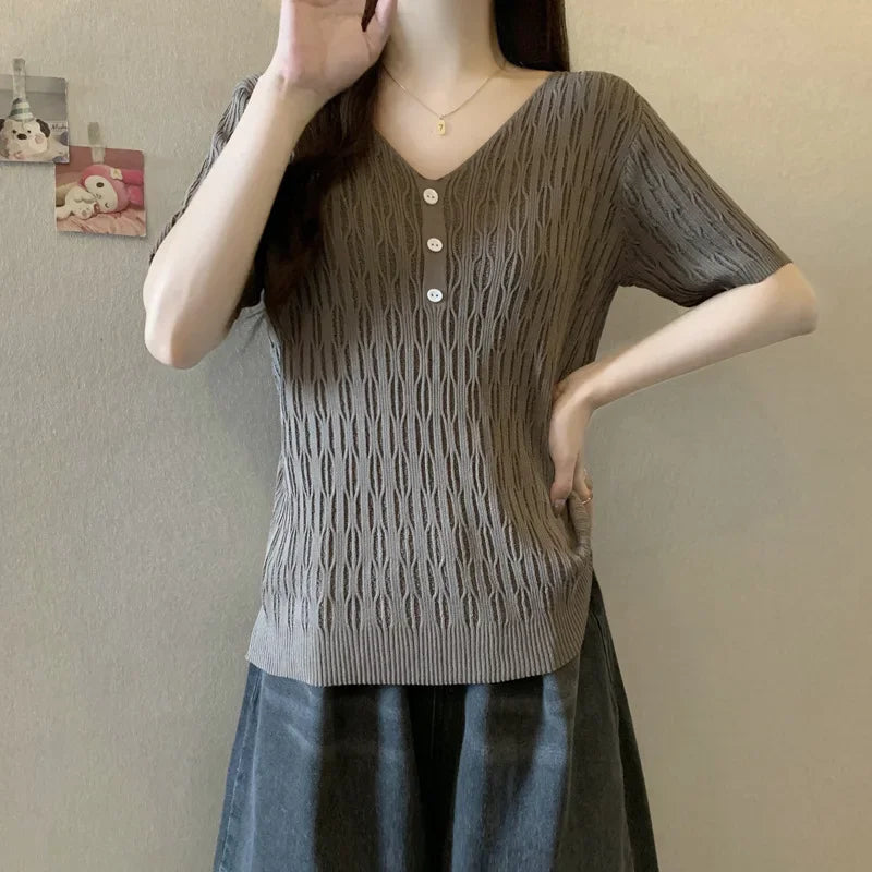 Plus Size Women's Summer New Style Slim Fit Knitted Top Belly Covering T-Shirt for Plump Sister V-Neck Big Code Sweater