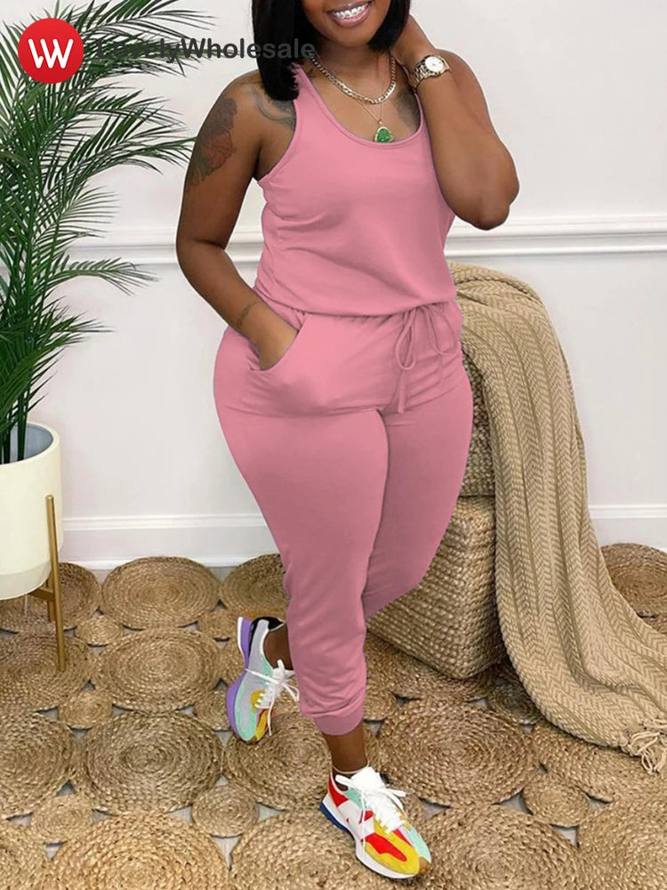 LW Women's Big Size Jumpsuit 2025 Spring Summer Plus Size Drawstring Cami One Piece Jumpsuits Women Full Length Romper Woman