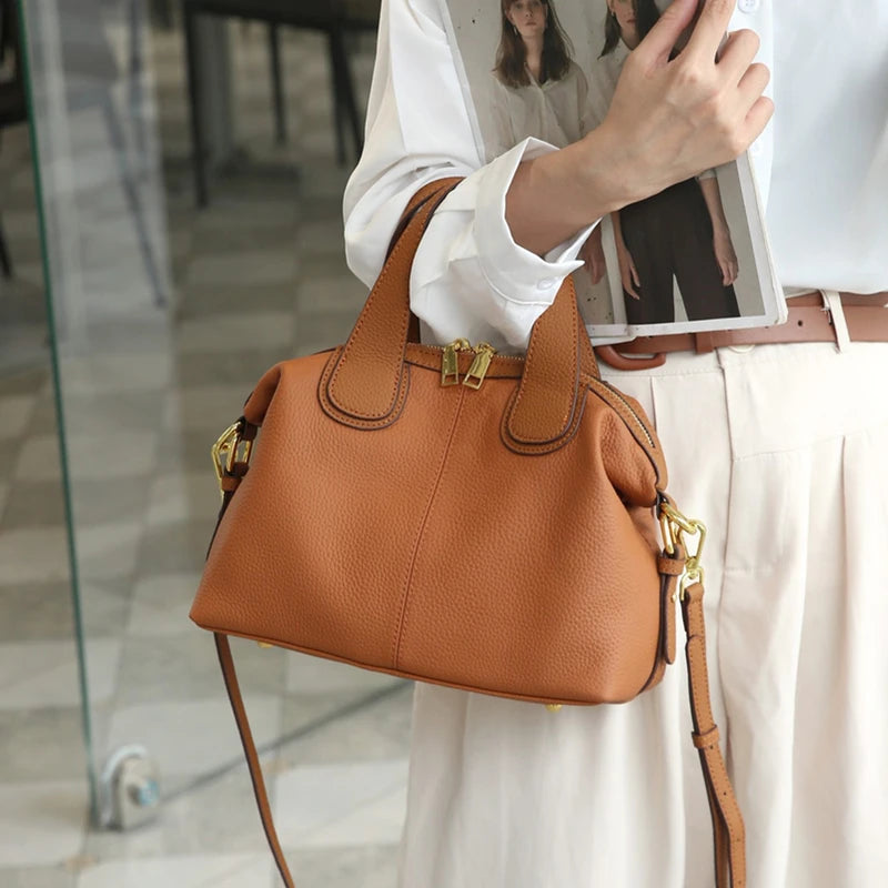 Toptrends Cowhide Genuine Leather Handbags For Women 2025 Luxury Designer Satchel Boston Office Ladies Shoulder Crossbody Bags