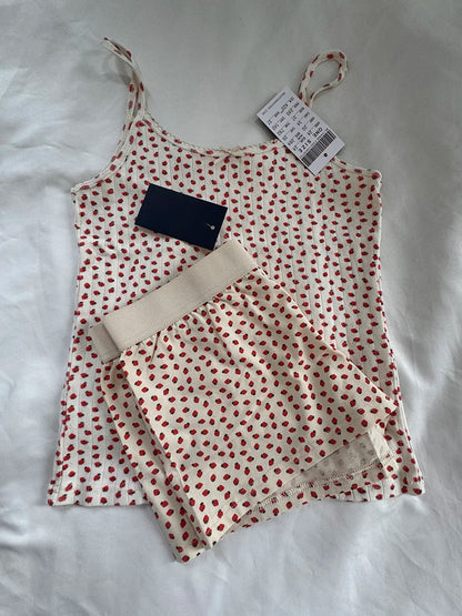 Blue Striped Tank Shorts Pajama Set Women Summer Sleeveless Crop Top+Elastic Waist Straight Short Pant Cotton Home 2 Piece Sets Strawberry set One Size